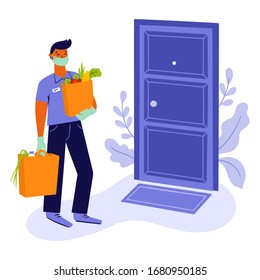 Young man, courier or volunteer in a medical mask and medical gloves delivers grocery products from the supermarket to the door to prevent the spread of the corona virus.