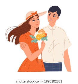 Young man is courting a girl, gave her a bouquet of flowers