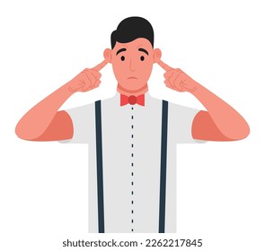 Young man covering ears with fingers with annoyed expression for the noise. Vector illustration.