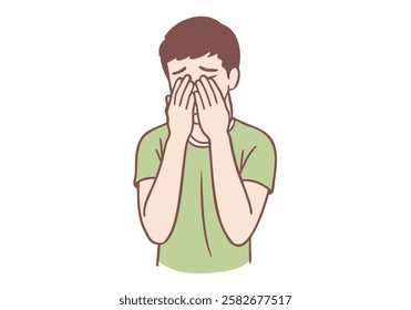 Young man covering face with hands and feeling upset unhappy and thoughtful. Hand drawn style vector design illustrations.
