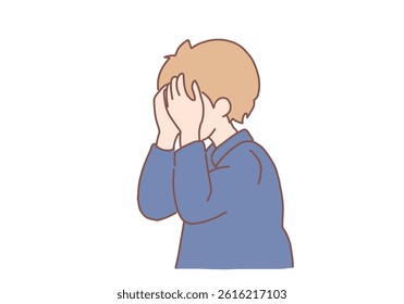 Young man covering face with hands and feeling upset unhappy and thoughtful. Hand drawn style vector design illustrations.