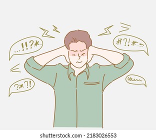 Young man covering his ears with fingers to protect them from an uncomfortable, annoying noise. Hand drawn in thin line style, vector illustrations.