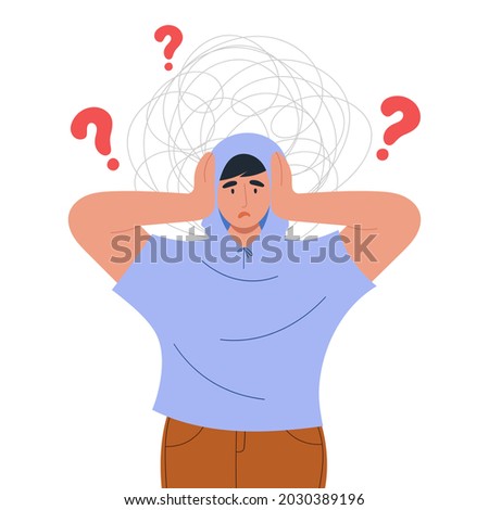 Young man covering his ears with hands. Scribble and question marks around his head. Anxiety, fears, mental feeling problems. Depressed man.  Mental health issues Flat style vector illustration. 

