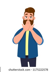 Young man covering mouth with hands. Man mouth with hand shocked with shame for mistake, expression of fear, scared in silence, secret concept. Emotion and body language in vector illustration.