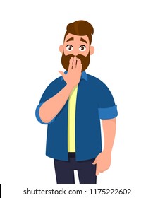 Young man covering mouth with hands. Man mouth with hand shocked with shame for mistake, expression of fear, scared in silence, secret concept. Emotion and body language in vector illustration.