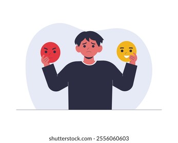 Young man covers his anger with smile but he feels frustrated afterward, and has mental disorder, health problem vector illustration.