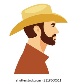 Young man in cowboy hat. Portrait of handsome man with beard in yellow stetson hat. Wild west concept. Male face, side view. Flat style Illustration for poster, cover, emblem, label.