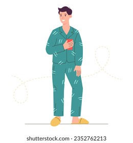 Young man in cozy home clothes, sleepwear and a cup in his hands. A guy in comfortable pajamas. Vector illustration