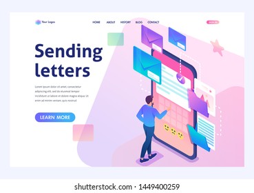 Young man creates New email message, send mail notification. New incoming message. Business correspondence. 3d isometric. For Landing page concepts and web design
