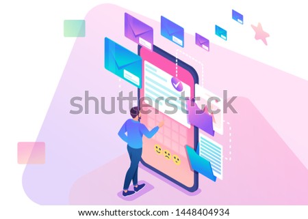 Young man creates New email message, send mail notification. New incoming message. Business correspondence. 3d isometric. Concept for web design