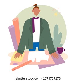 Un joven crea un patrón para la ropa. Diseñador de moda, costurero, costurero, taller de costura o cursos, costura. Ilustración vectorial dibujada a mano aislada en fondo blanco.