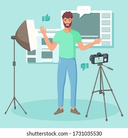Young man creating video blog. Vlog concept. Vector illustration. 