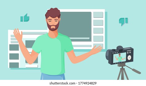 Young man creating video blog. Vlog concept. Vector illustration. 