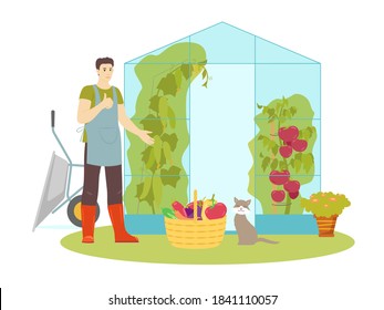 A young man with a crop of greenhouse vegetables. Garden theme. Vector illustration on white background.