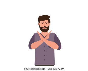 young man with crossed arms showing a gesture no or stop sign with hands vector illustration.