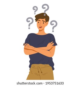 Young man crossing his arm and making curious face . Concept of wondering, questioning, curiosity, asking, confusing, doubt. Face expression. Question mark. Flat illustration cartoon character.