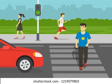 Young man crossing road on crosswalk with traffic lights. Look both ways before you cross the street. Flat vector illustration.