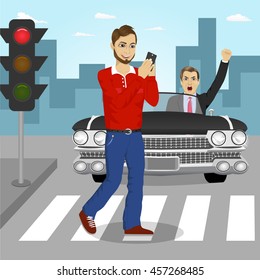 Young man crossing street sending sms while angry driver in black convertible car yelling at him