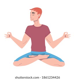 Young Man Cross-legged Sitting in Padmasana or Lotus Position Vector Illustration