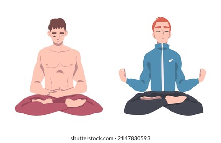 Young Man Cross-legged Sitting in Padmasana or Lotus Position Practicing Mediation Vector Set