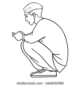 young man is crouching and typing on his cell phone.  monochrome vector illustration.  Squat, technology, smartphone.