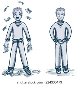 young man crying with bills and happy with hands on pockets