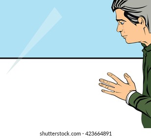 young man was crying, holding  hand on glass background. Illustration in pop-art style. Depression and separation,  gap in relations