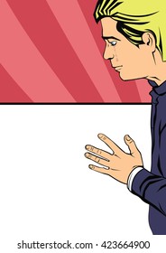 young man was crying, holding  hand on glass background. Illustration in pop-art style. Depression and separation,  gap in relations