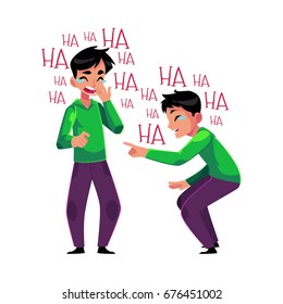 Young man crying from laughter, pointing, covering mouth with his mouth, cartoon vector illustration isolated on white background. Portrait of young man bursting with laughter, laughing to tears