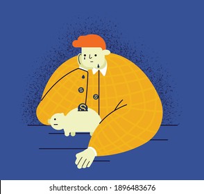 A young man is crying over a piggy bank. Tears turn to coins. An illustration of lack of money, bad financial situation. Vector.