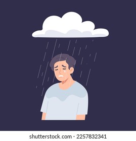 Young man crying under rain cloud isolated on dark background. Concept of sadness, stressed, mental health, trouble, life crisis, depression, mental breakdown. Flat vector illustration character.