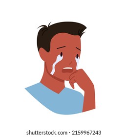 Young man crying vector illustration. Cartoon sad unhappy male character with tears on face, lonely frustrated person feeling grief, stress and anxiety isolated on white. Bullying, violence concept