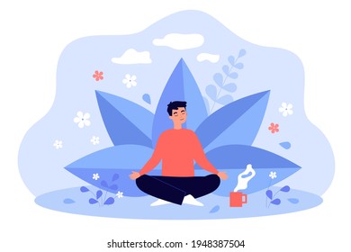 Young man with cup of tea meditating among plants and flowers. Colorful vector flat illustration. Healthy lifestyle, holistic mental therapy, wellness and self care concept