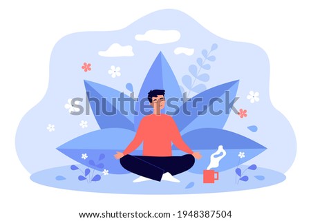 Young man with cup of tea meditating among plants and flowers. Colorful vector flat illustration. Healthy lifestyle, holistic mental therapy, wellness and self care concept
