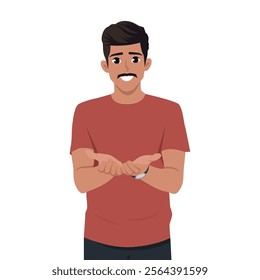 Young man with Cupped hands, folded arms. Hands palms together receiving or giving gesture. Flat Vector character illustration