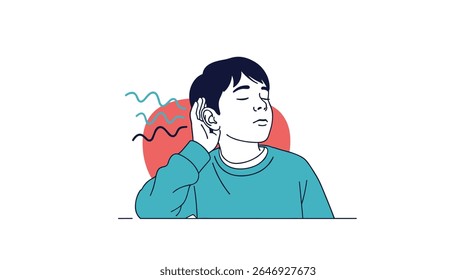 Young man cupping his ear trying to hear better with eyes closed experiencing auditory challenges