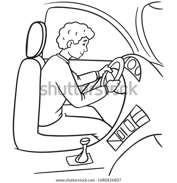 Young man with curly hair on the steering\
wheel of a car. cockpit, driving school, coloring book,\
illustration,\
monochrome.