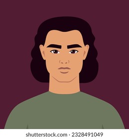 Young man with curly hair portrait. Abstract guy or a student. Full face abstract male avatar in flat style. Vector art