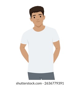 Young man with curly hair wearing a white tshirt, standing with his hands behind his back. Flat vector illustration isolated on white background