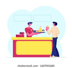 Young Man Customer Buying Fast Food Combo Set at Counter Desk with Friendly Salesman in Uniform Giving Tray with Hamburger, Fried Potato, Soda Drink, Hotdog and Coffee. Flat Vector Illustration