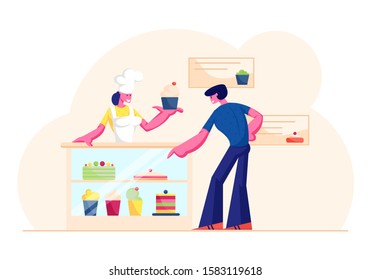 Young Man Customer Buying Pastry in Bakery Shop with Different Production on Showcase Ordering at Counter Desk. Woman Baker in White Uniform Giving to Big Sweet Cake. Cartoon Flat Vector Illustration