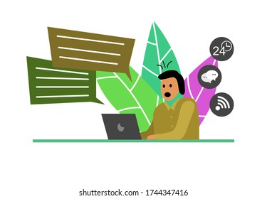 young man customer service , people man call center icons vector illustration, shock chatting with customer complain , colorful bubbles conceptual of client communication