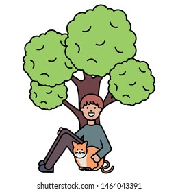 young man with cute cat and tree