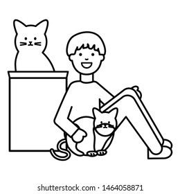 young man with cute cats mascots