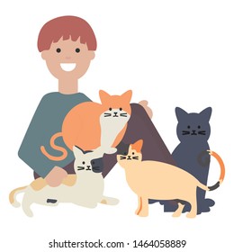 young man with cute cats mascots