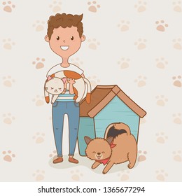 young man with cute dog and cat mascots