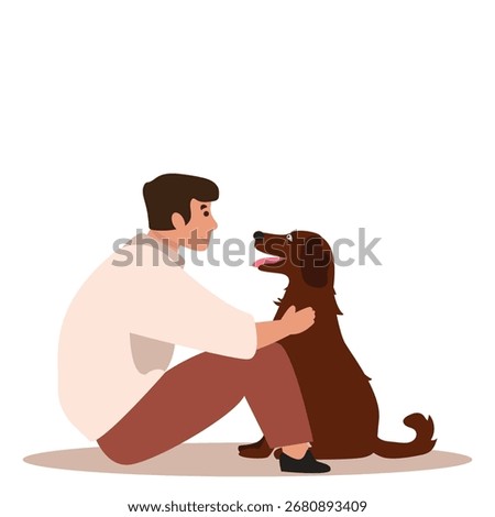 Young man with cute dog. Happy Pet and owner spending time together. vector illustration