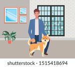 young man with cute dog mascot in the room house