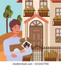 young man with cute dog mascot in the autumn city scene