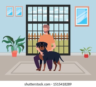 young man with cute dog mascot in the house room